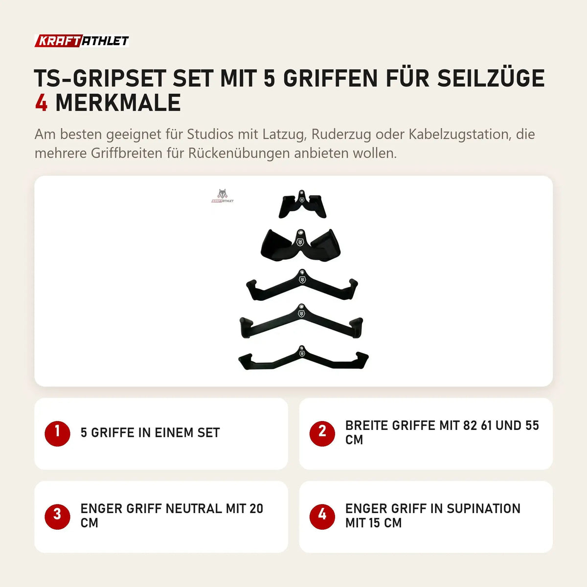 Titanium Strength TS-GRIPSET Set mit 5 Griffen für Seilzüge mit 4 Merkmalen: 5 Griffe in einem Set, Breite Griffe mit 82 61 und 55 cm, Enger Griff neutral mit 20 cm, Enger Griff in Supination mit 15 cm
