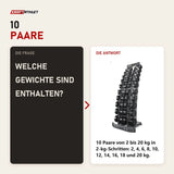 Frage und Antwort zu Titanium Strength TV20 Gummi-Hantelset 2–20 kg mit Hantelständer: Welche Gewichte sind enthalten?