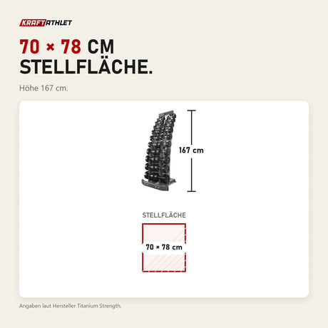 Maßbild Titanium Strength TV20 Gummi-Hantelset 2–20 kg mit Hantelständer: Stellfläche 70 × 78 cm, Höhe 167 cm