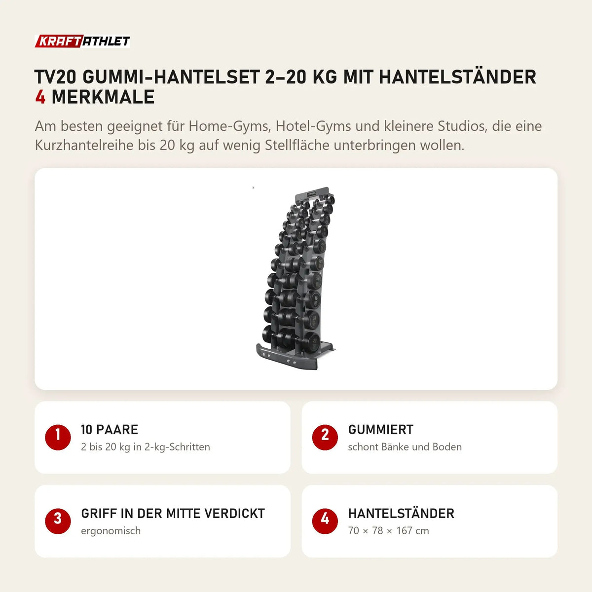 Titanium Strength TV20 Gummi-Hantelset 2–20 kg mit Hantelständer mit 4 Merkmalen: 10 Paare, Gummiert, Griff in der Mitte verdickt, Hantelständer