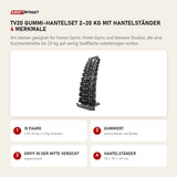 Titanium Strength TV20 Gummi-Hantelset 2–20 kg mit Hantelständer mit 4 Merkmalen: 10 Paare, Gummiert, Griff in der Mitte verdickt, Hantelständer