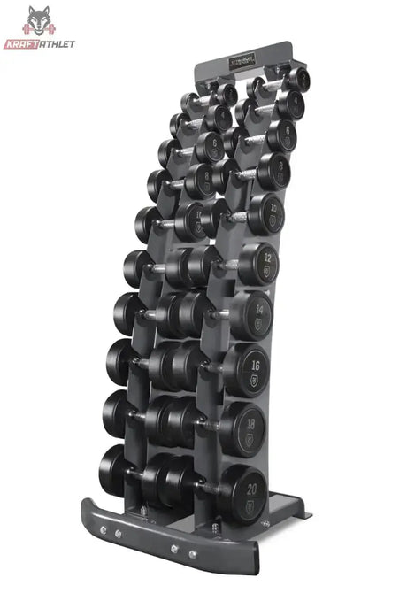 Titanium Strength TV20 Gummi-Hantelset 2–20 kg mit Hantelständer – Schrägansicht mit schwarzem Ständer und allen Kurzhanteln