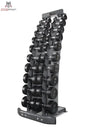 Titanium Strength TV20 Gummi-Hantelset 2–20 kg mit Hantelständer – Schrägansicht mit schwarzem Ständer und allen Kurzhanteln