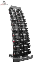 Titanium Strength TV20 Gummi-Hantelset 2–20 kg mit Hantelständer – Seitenansicht mit roten Gewichtsangaben auf den Hantelköpfen