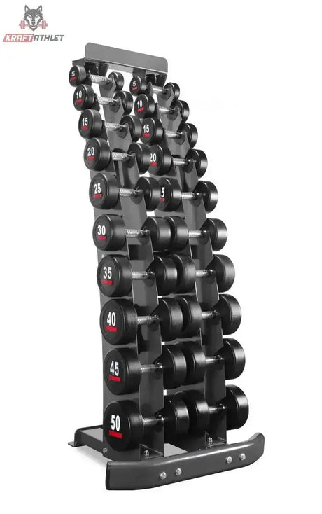 Titanium Strength TV20 Gummi-Hantelset 2–20 kg mit Hantelständer – Seitenansicht mit roten Gewichtsangaben auf den Hantelköpfen