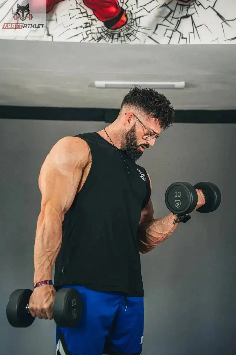 Titanium Strength TV20 Gummi-Hantelset 2–20 kg mit Hantelständer: Athlet beim einarmigen Curl mit Kurzhanteln, Frontalansicht