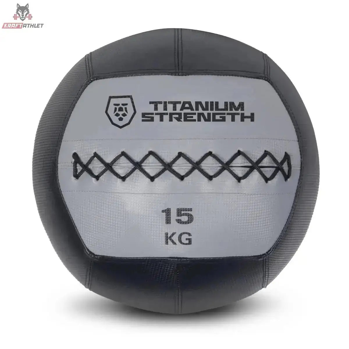Titanium Strength TWB8 Wall Ball 8 kg, Frontansicht der 15-kg-Variante in Schwarz und Grau