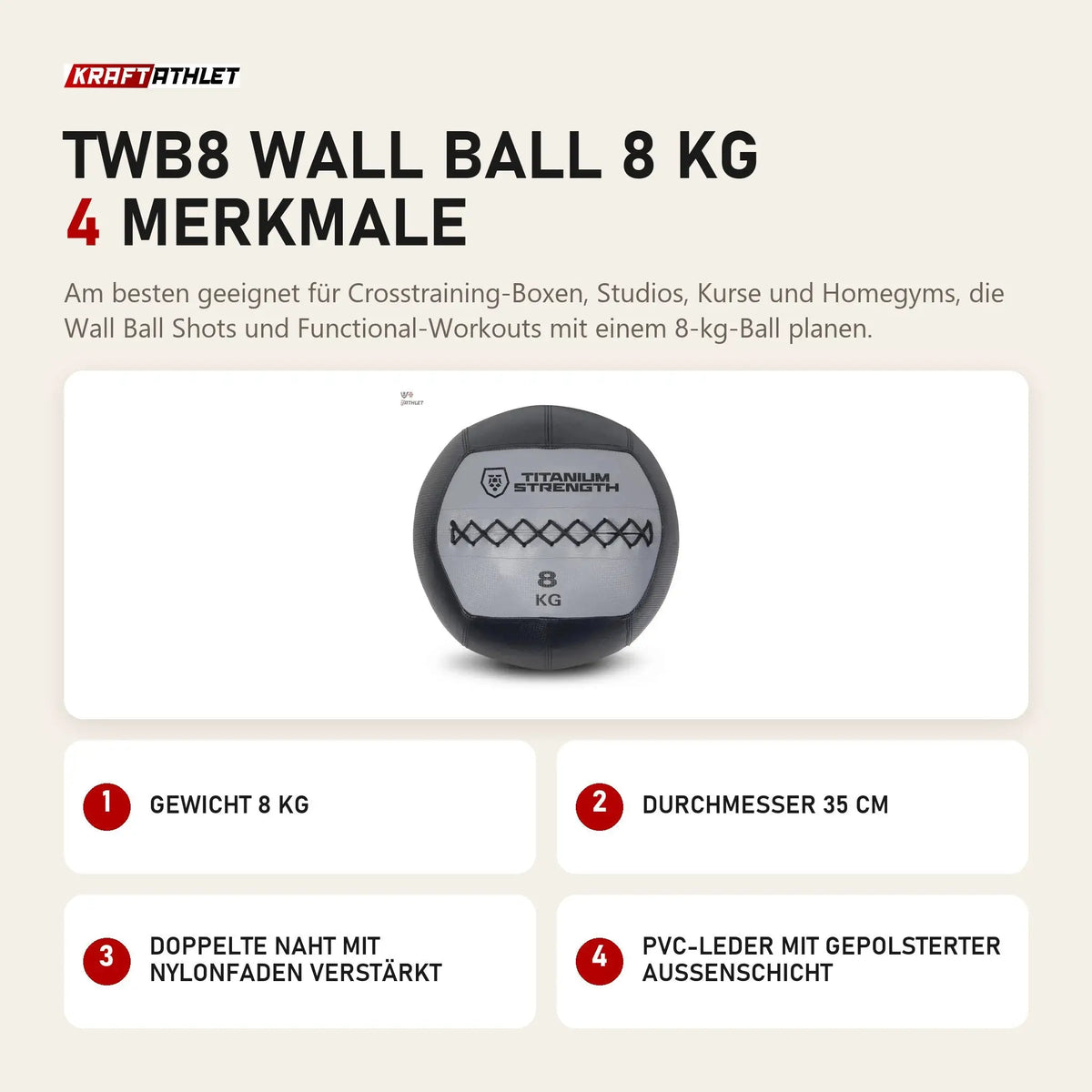 Titanium Strength TWB8 Wall Ball 8 kg mit 4 Merkmalen: Gewicht 8 kg, Durchmesser 35 cm, Doppelte Naht mit Nylonfaden verstärkt, PVC-Leder mit gepolsterter Außenschicht