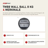 Titanium Strength TWB8 Wall Ball 8 kg mit 4 Merkmalen: Gewicht 8 kg, Durchmesser 35 cm, Doppelte Naht mit Nylonfaden verstärkt, PVC-Leder mit gepolsterter Außenschicht