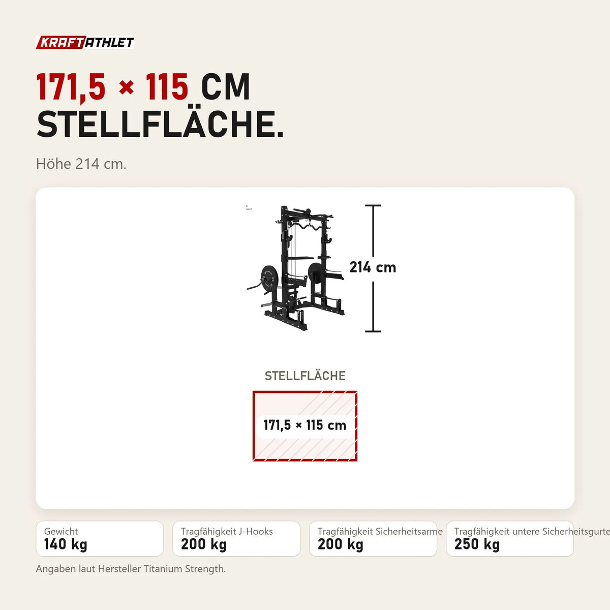 Maßbild Titanium Strength Ultimate Half Rack mit Hoch- und Niedrigpulley: Stellfläche 171,5 × 115 cm, Höhe 214 cm