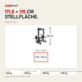 Maßbild Titanium Strength Ultimate Half Rack mit Hoch- und Niedrigpulley: Stellfläche 171,5 × 115 cm, Höhe 214 cm
