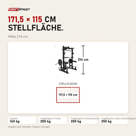 Maßbild Titanium Strength Ultimate Half Rack mit Hoch- und Niedrigpulley: Stellfläche 171,5 × 115 cm, Höhe 214 cm