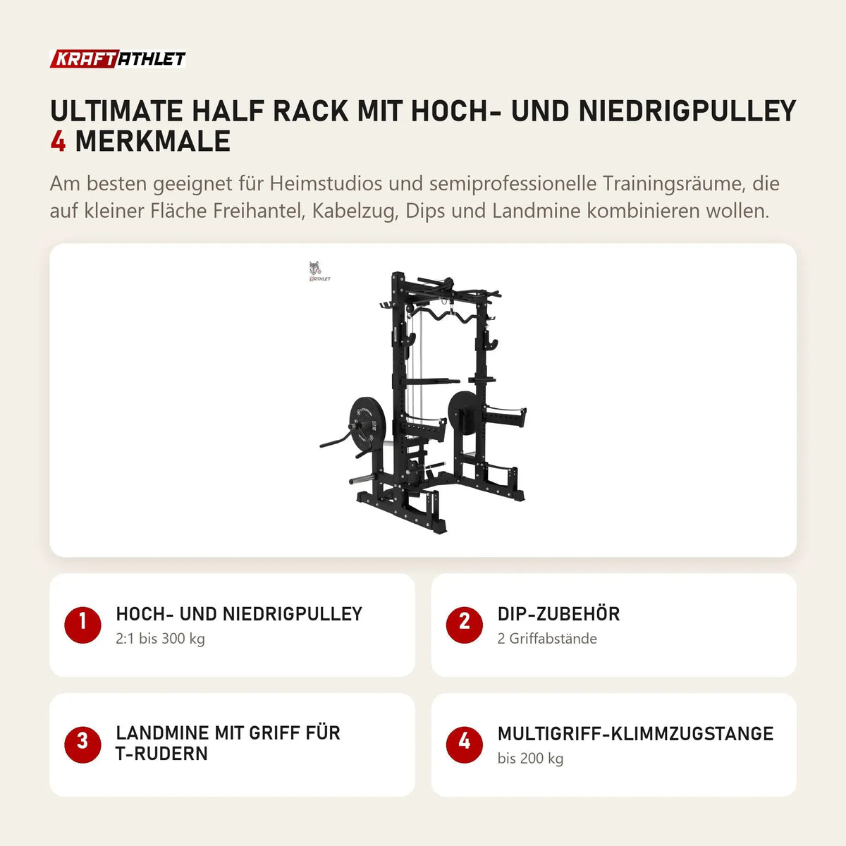 Titanium Strength Ultimate Half Rack mit Hoch- und Niedrigpulley mit 4 Merkmalen: Hoch- und Niedrigpulley, Dip-Zubehör, Landmine mit Griff für T-Rudern, Multigriff-Klimmzugstange