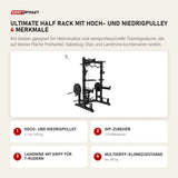 Titanium Strength Ultimate Half Rack mit Hoch- und Niedrigpulley mit 4 Merkmalen: Hoch- und Niedrigpulley, Dip-Zubehör, Landmine mit Griff für T-Rudern, Multigriff-Klimmzugstange