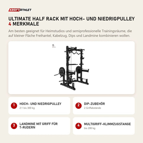 Titanium Strength Ultimate Half Rack mit Hoch- und Niedrigpulley mit 4 Merkmalen: Hoch- und Niedrigpulley, Dip-Zubehör, Landmine mit Griff für T-Rudern, Multigriff-Klimmzugstange