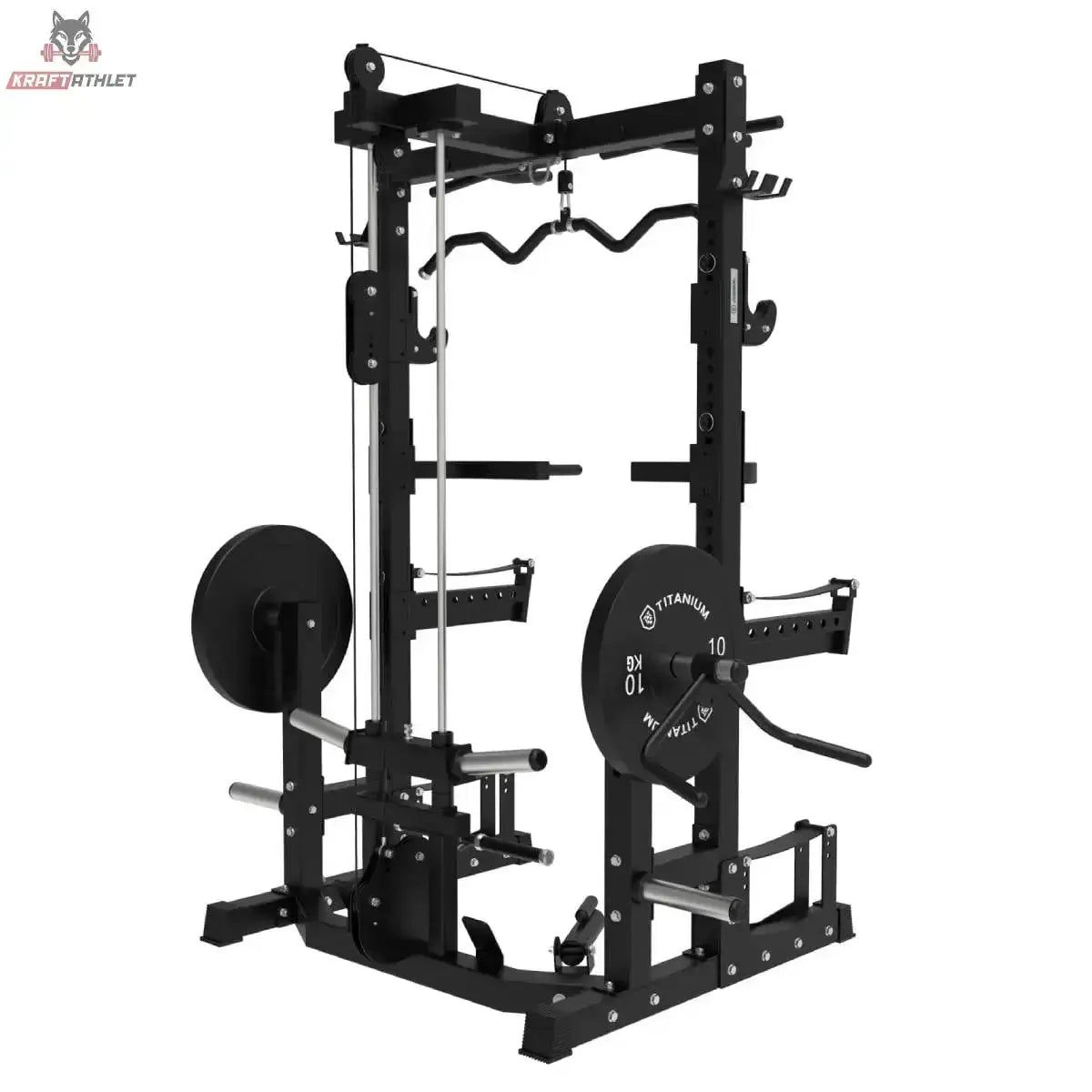 Titanium Strength Ultimate Half Rack mit Hoch- und Niedrigpulley: Rückansicht in Schwarz mit Gewichtsscheiben am Kabelzug