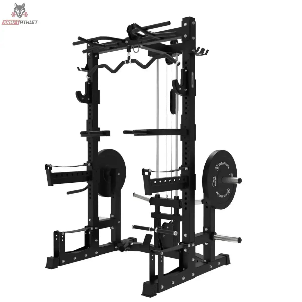 Titanium Strength Ultimate Half Rack mit Hoch- und Niedrigpulley: Schrägansicht von links in Schwarz mit Pulleys und Scheibenhaltern