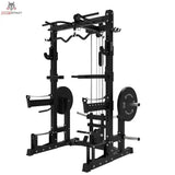 Titanium Strength Ultimate Half Rack mit Hoch- und Niedrigpulley: Schrägansicht von links in Schwarz mit Pulleys und Scheibenhaltern