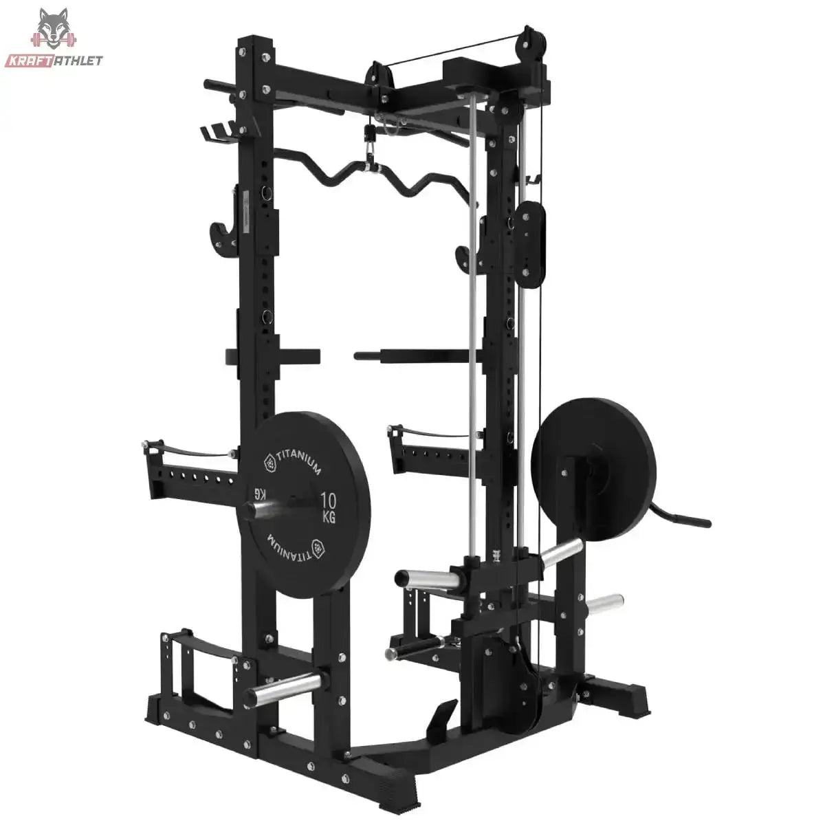Titanium Strength Ultimate Half Rack mit Hoch- und Niedrigpulley: Schrägansicht von rechts in Schwarz mit Klimmzugstange oben