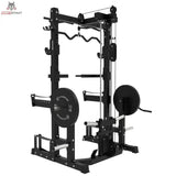 Titanium Strength Ultimate Half Rack mit Hoch- und Niedrigpulley: Schrägansicht von rechts in Schwarz mit Klimmzugstange oben