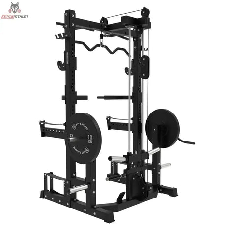 Titanium Strength Ultimate Half Rack mit Hoch- und Niedrigpulley: Schrägansicht von rechts in Schwarz mit Klimmzugstange oben