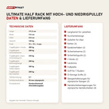 Technische Daten und Lieferumfang von Titanium Strength Ultimate Half Rack mit Hoch- und Niedrigpulley als Tabelle