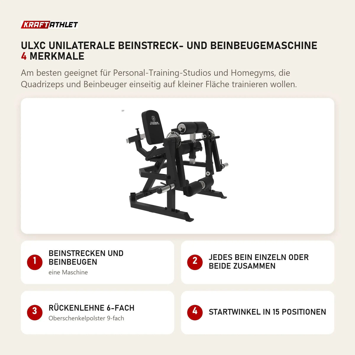 Titanium Strength ULXC Unilaterale Beinstreck- und Beinbeugemaschine mit 4 Merkmalen: Beinstrecken und Beinbeugen, Jedes Bein einzeln oder beide zusammen, Rückenlehne 6-fach, Startwinkel in 15 Positionen