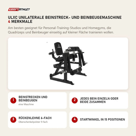 Titanium Strength ULXC Unilaterale Beinstreck- und Beinbeugemaschine mit 4 Merkmalen: Beinstrecken und Beinbeugen, Jedes Bein einzeln oder beide zusammen, Rückenlehne 6-fach, Startwinkel in 15 Positionen