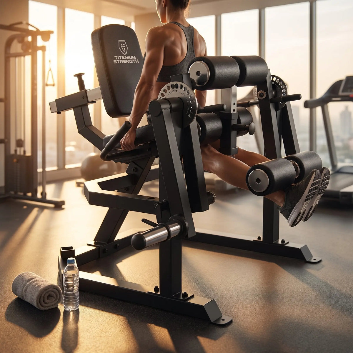 Titanium Strength ULXC Unilaterale Beinstreck- und Beinbeugemaschine im Einsatz: Person trainiert morgens in einem hellen Hotel-Fitnessraum