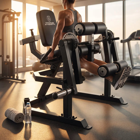 Titanium Strength ULXC Unilaterale Beinstreck- und Beinbeugemaschine im Einsatz: Person trainiert morgens in einem hellen Hotel-Fitnessraum