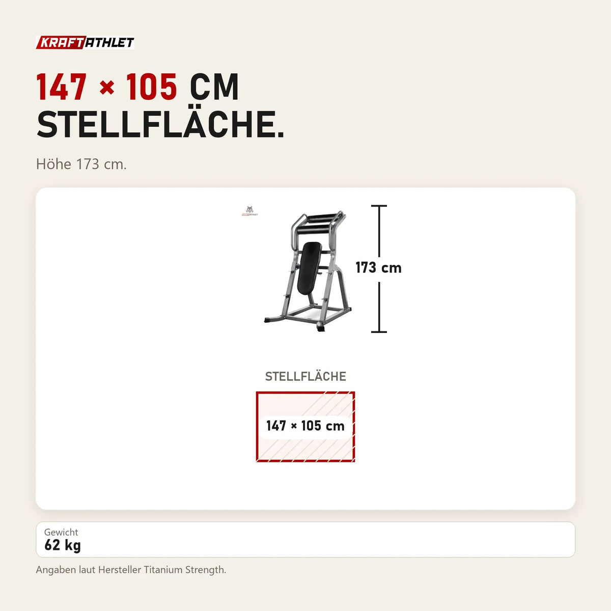 Maßbild Titanium Strength VAB60 Vertikaler Bauchtrainer: Stellfläche 147 × 105 cm, Höhe 173 cm