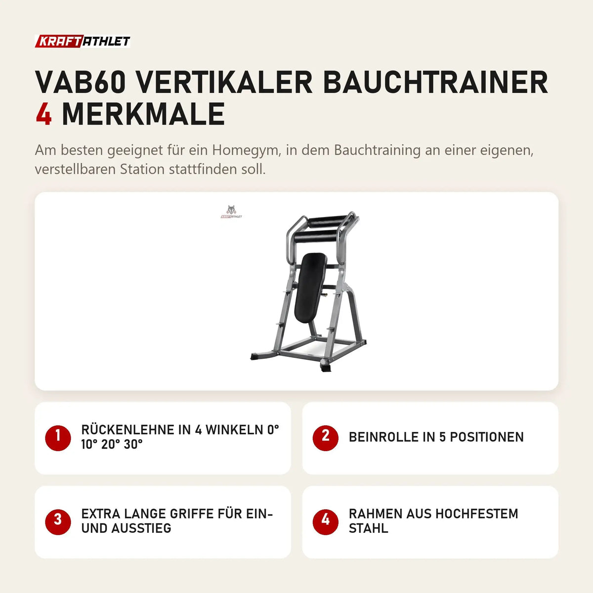 Titanium Strength VAB60 Vertikaler Bauchtrainer mit 4 Merkmalen: Rückenlehne in 4 Winkeln 0° 10° 20° 30°, Beinrolle in 5 Positionen, Extra lange Griffe für Ein- und Ausstieg, Rahmen aus hochfestem Stahl