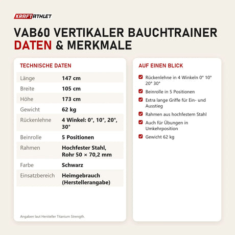 Technische Daten und Merkmale von Titanium Strength VAB60 Vertikaler Bauchtrainer als Tabelle