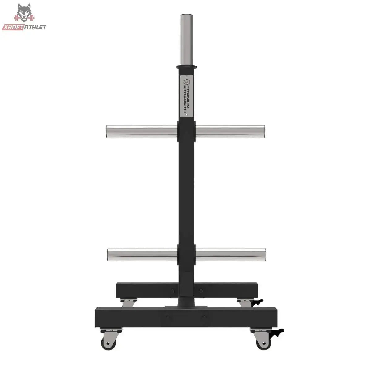 Titanium Strength Vertikales Bumper Plate Rack VBR10, Frontansicht mit vier Ablagestangen und Mittelsäule