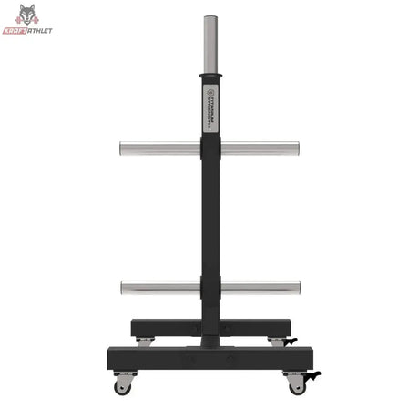 Titanium Strength Vertikales Bumper Plate Rack VBR10, Frontansicht mit vier Ablagestangen und Mittelsäule