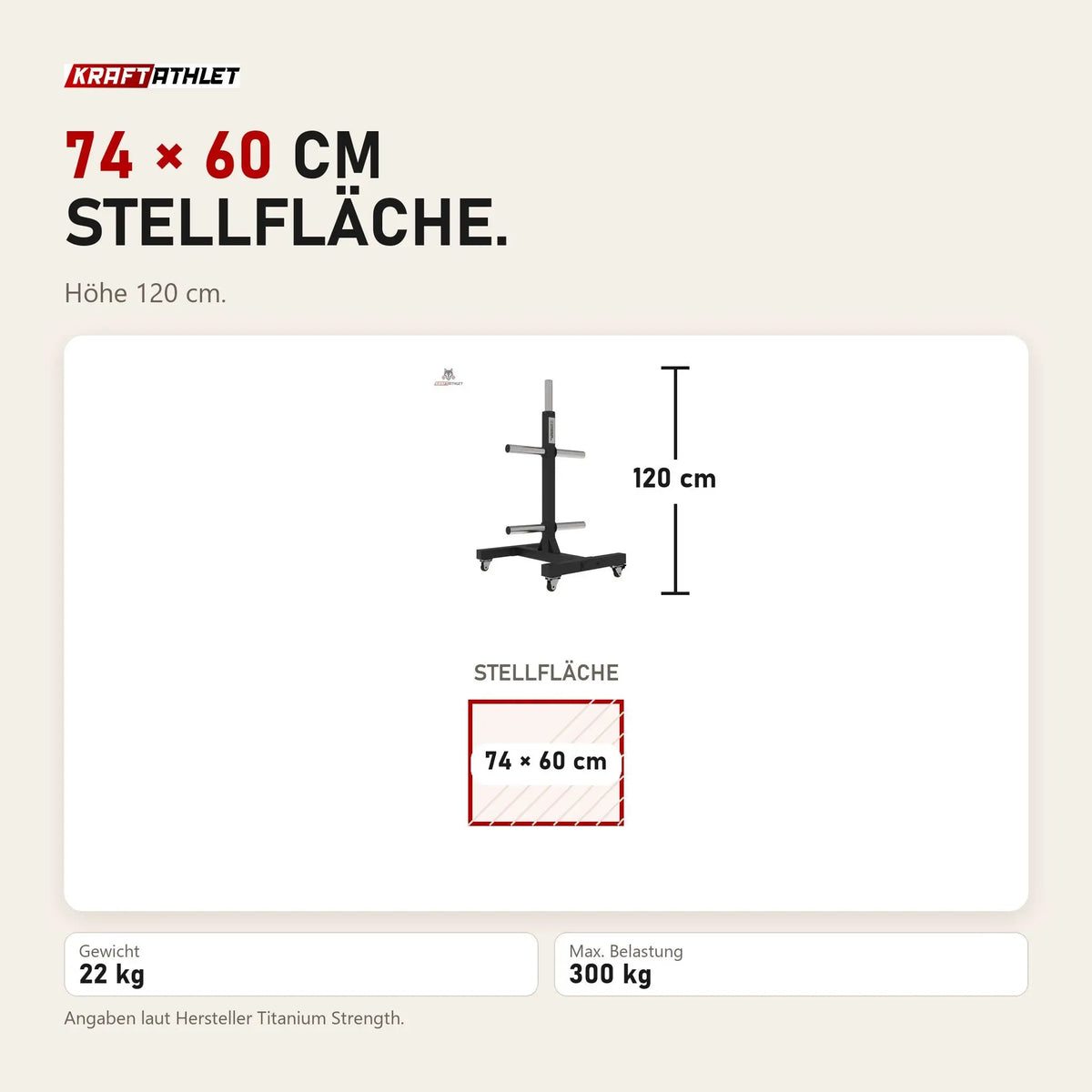 Maßbild Titanium Strength Vertikales Bumper Plate Rack VBR10: Stellfläche 74 × 60 cm, Höhe 120 cm