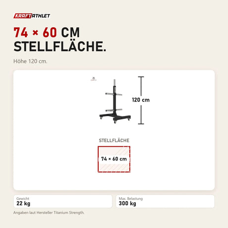 Maßbild Titanium Strength Vertikales Bumper Plate Rack VBR10: Stellfläche 74 × 60 cm, Höhe 120 cm