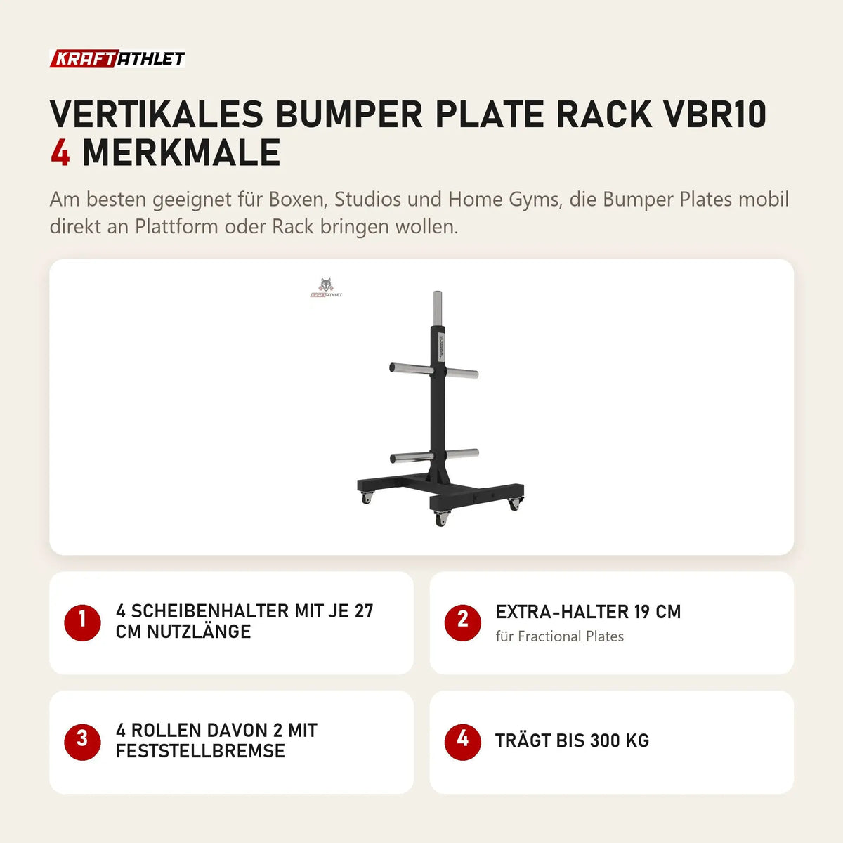 Titanium Strength Vertikales Bumper Plate Rack VBR10 mit 4 Merkmalen: 4 Scheibenhalter mit je 27 cm Nutzlänge, Extra-Halter 19 cm, 4 Rollen davon 2 mit Feststellbremse, Trägt bis 300 kg