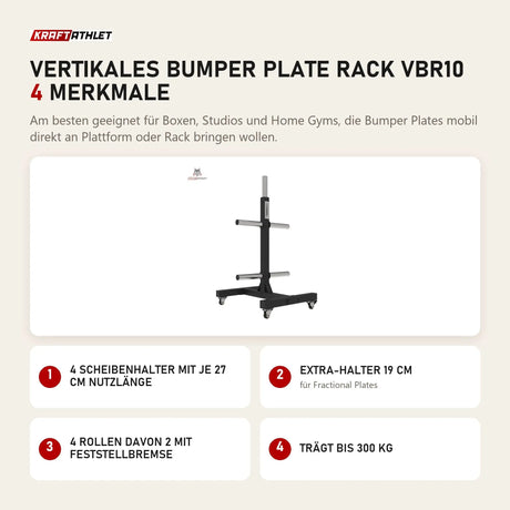 Titanium Strength Vertikales Bumper Plate Rack VBR10 mit 4 Merkmalen: 4 Scheibenhalter mit je 27 cm Nutzlänge, Extra-Halter 19 cm, 4 Rollen davon 2 mit Feststellbremse, Trägt bis 300 kg