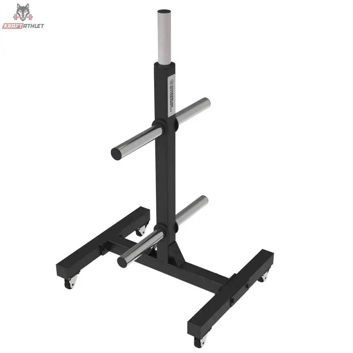 Titanium Strength Vertikales Bumper Plate Rack VBR10, Schrägansicht von oben auf Standfuß und Rollen
