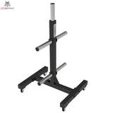Titanium Strength Vertikales Bumper Plate Rack VBR10, Schrägansicht von oben auf Standfuß und Rollen