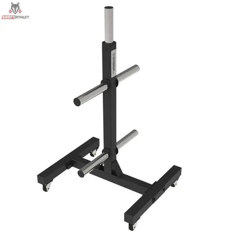 Titanium Strength Vertikales Bumper Plate Rack VBR10, Schrägansicht von oben auf Standfuß und Rollen