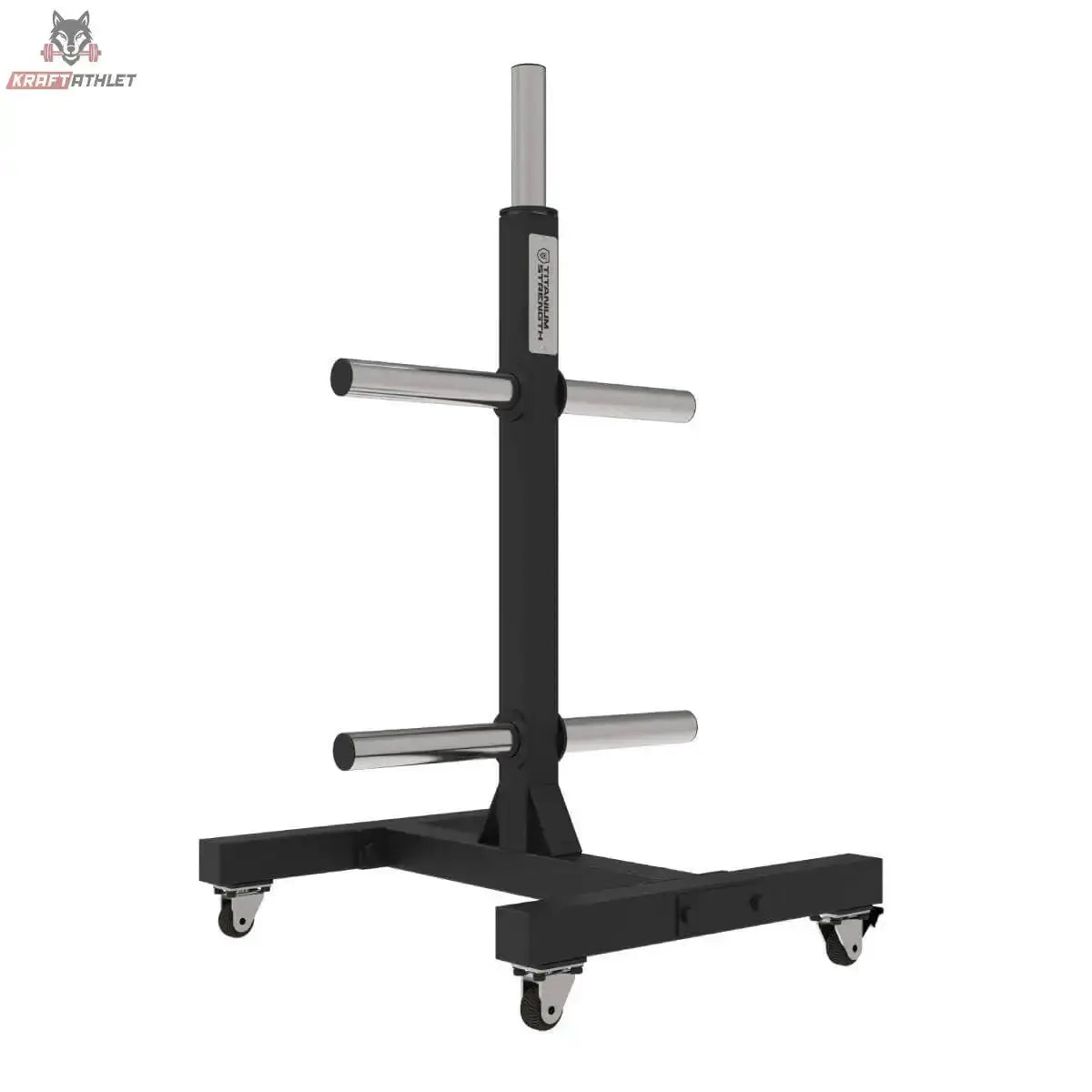 Titanium Strength Vertikales Bumper Plate Rack VBR10, Schrägansicht des schwarzen Ständers mit Rollen