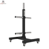 Titanium Strength Vertikales Bumper Plate Rack VBR10, Schrägansicht des schwarzen Ständers mit Rollen