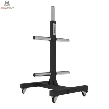 Titanium Strength Vertikales Bumper Plate Rack VBR10, Schrägansicht des schwarzen Ständers mit Rollen