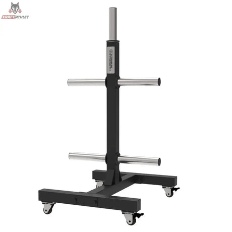 Titanium Strength Vertikales Bumper Plate Rack VBR10, leicht gedrehte Seitenansicht mit Ablagestangen