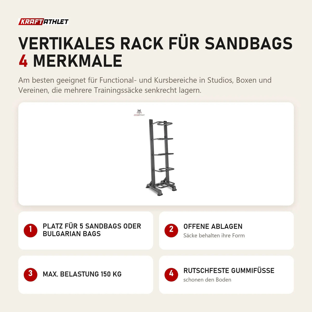 Titanium Strength Vertikales Rack für Sandbags mit 4 Merkmalen: Platz für 5 Sandbags oder Bulgarian Bags, Offene Ablagen, Max. Belastung 150 kg, Rutschfeste Gummifüße