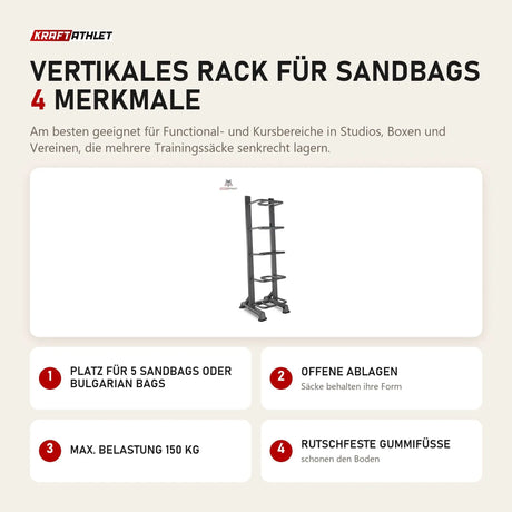 Titanium Strength Vertikales Rack für Sandbags mit 4 Merkmalen: Platz für 5 Sandbags oder Bulgarian Bags, Offene Ablagen, Max. Belastung 150 kg, Rutschfeste Gummifüße