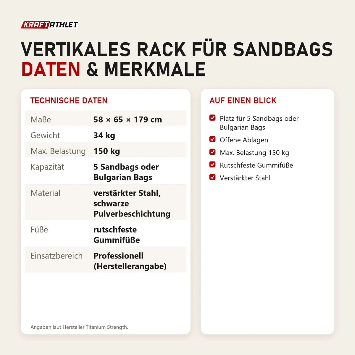 Technische Daten und Merkmale von Titanium Strength Vertikales Rack für Sandbags als Tabelle