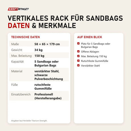 Technische Daten und Merkmale von Titanium Strength Vertikales Rack für Sandbags als Tabelle